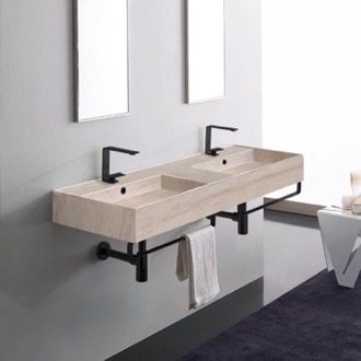 Bathroom Sink Beige Travertine Design Ceramic Wall Mounted Double Sink With Matte Black Towel Bar Scarabeo 5116-E-TB-BLK
